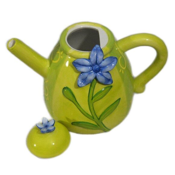 Burton & Burton Green Ceramic Teapot with Blue Flower Hand Painted Floral Lid - Picture 3 of 4
